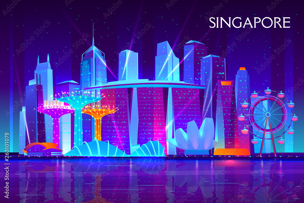 新加坡城市夜晚天际线卡通矢量背景。明亮的霓虹灯现代摩天大楼，r