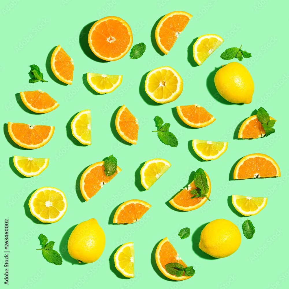 收集橙子和柠檬俯视平面图