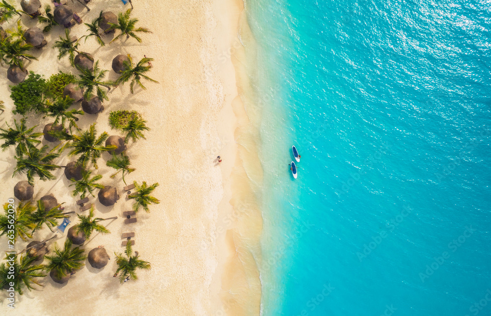 日落时，遮阳伞、沙滩上的棕榈树和海里的皮划艇的鸟瞰图。暑假i