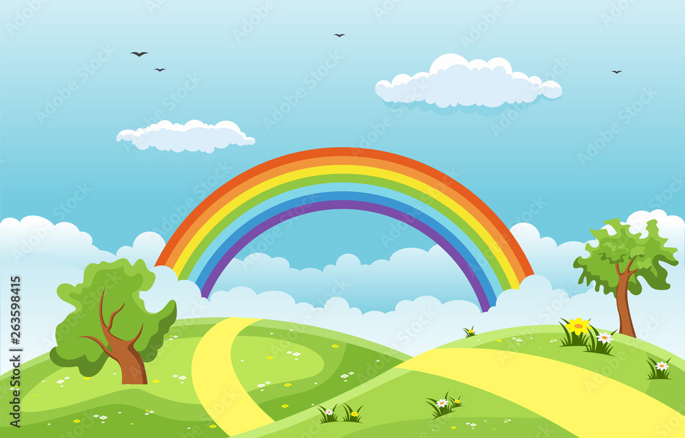 Summer Spring Green Valley Rainbow Outdoor Landscape Illustration