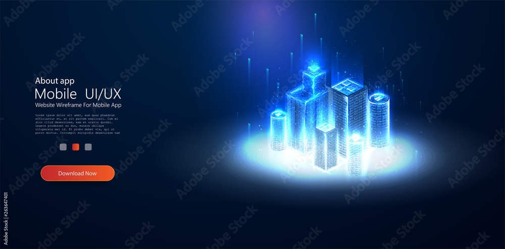 Low poly smart city wireframe. Sparkle stardust. Glittering vector with blue particles on dark backg