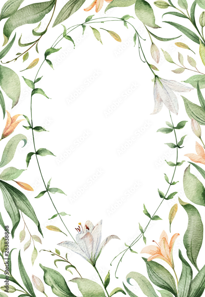 Watercolor vector card of Lily flowers and green leaves.