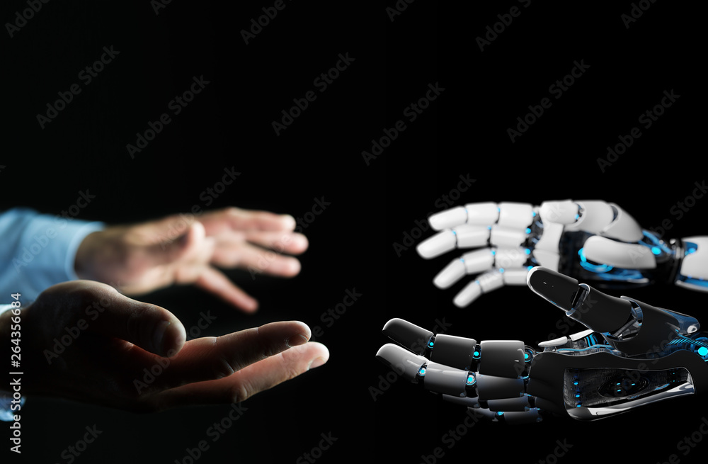 机器人手在黑暗背景下与人手接触3D渲染