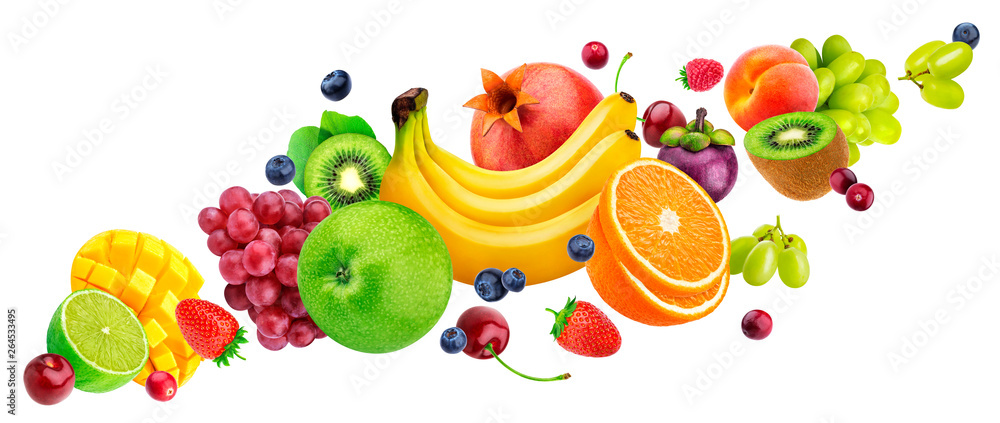 Falling fruit salad isolated on white background with clipping path, flying fruits and berries colle