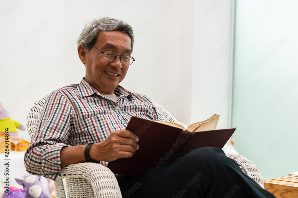 快乐的亚洲老人在家客厅的椅子上看书。退休生活方式和ag