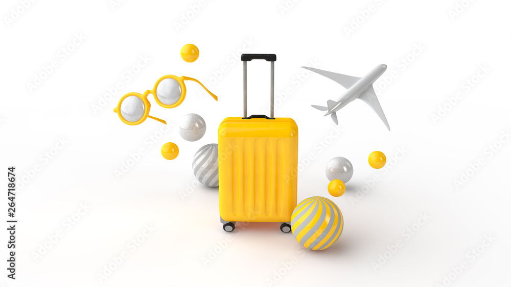 黄色行李箱、太阳镜、飞机和彩色气球在白色背景上的三维渲染