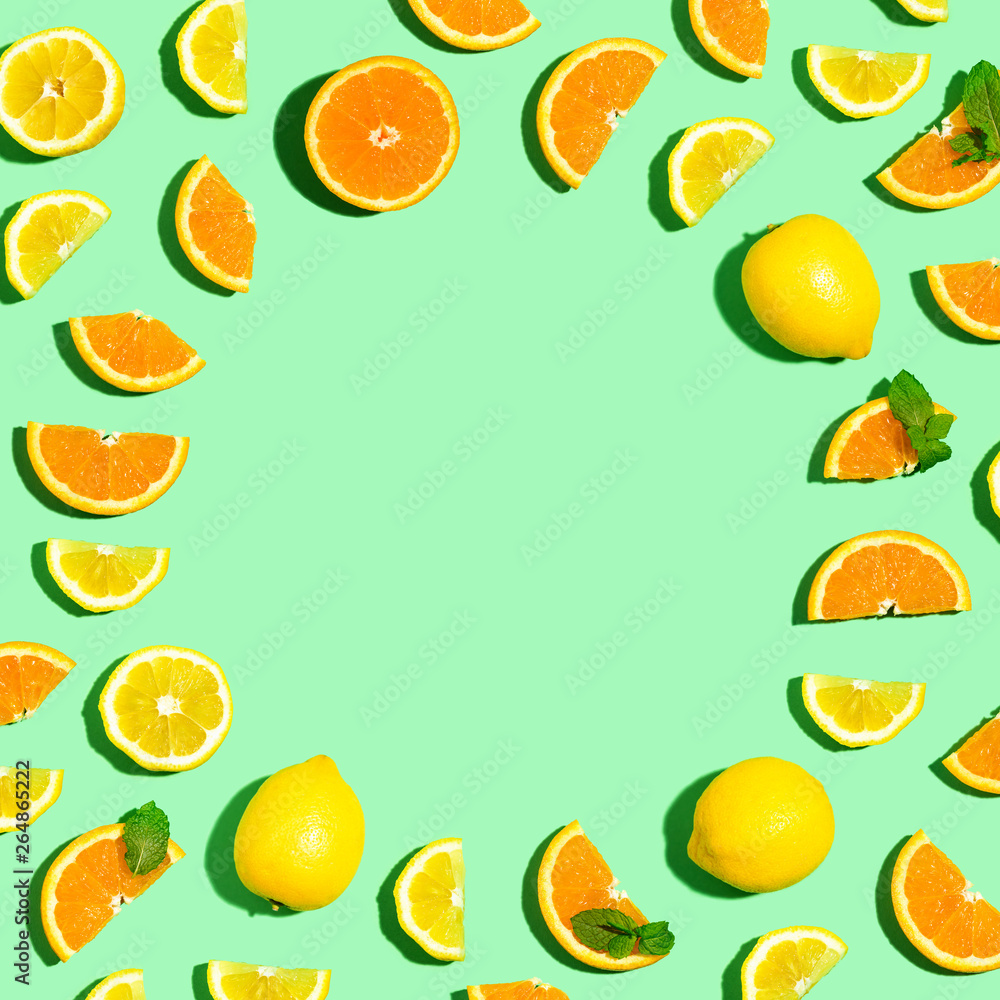 橙色和柠檬的圆形框架俯视平面图