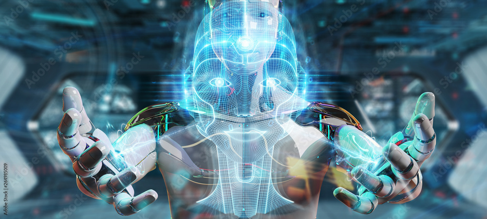 White robot  using digital artificial intelligence head interface 3D rendering