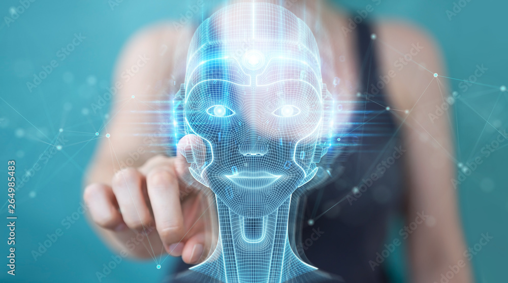 女性使用数字人工智能头部界面3D渲染