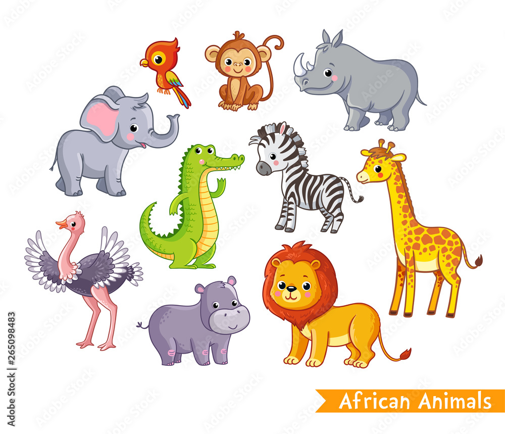非洲动物的矢量集。大草原上可爱的哺乳动物的集合。