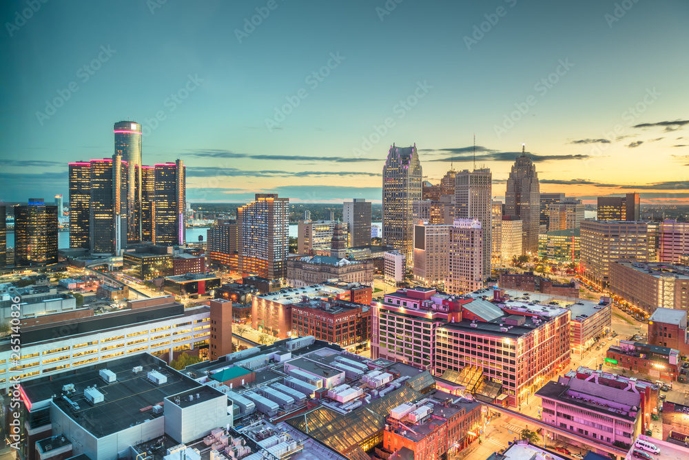 美国密歇根州底特律市中心天际线俯视图