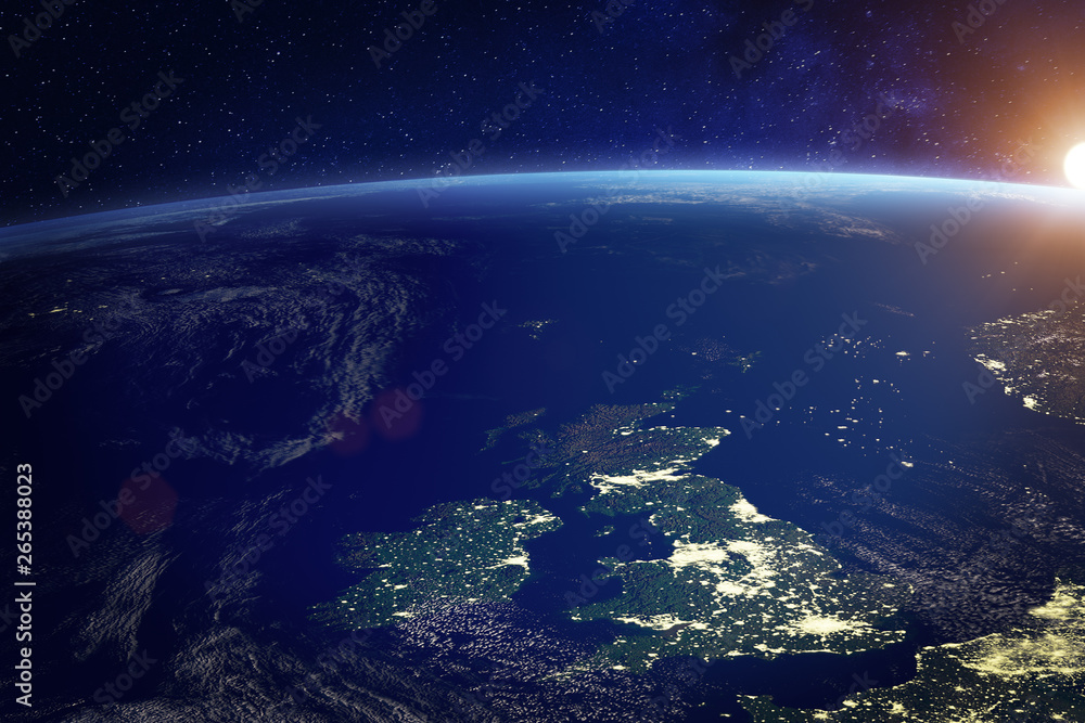 英国（UK）夜晚从太空出发，伦敦市、英格兰、威尔士、苏格兰的城市灯光