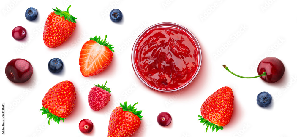 Bowl of red berry jam isolated on white background, top view