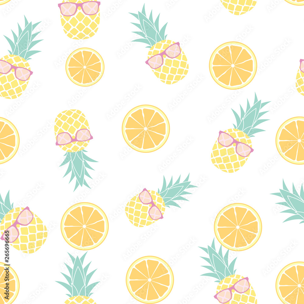 热带水果菠萝和橙色无缝图案背景设计。矢量插图