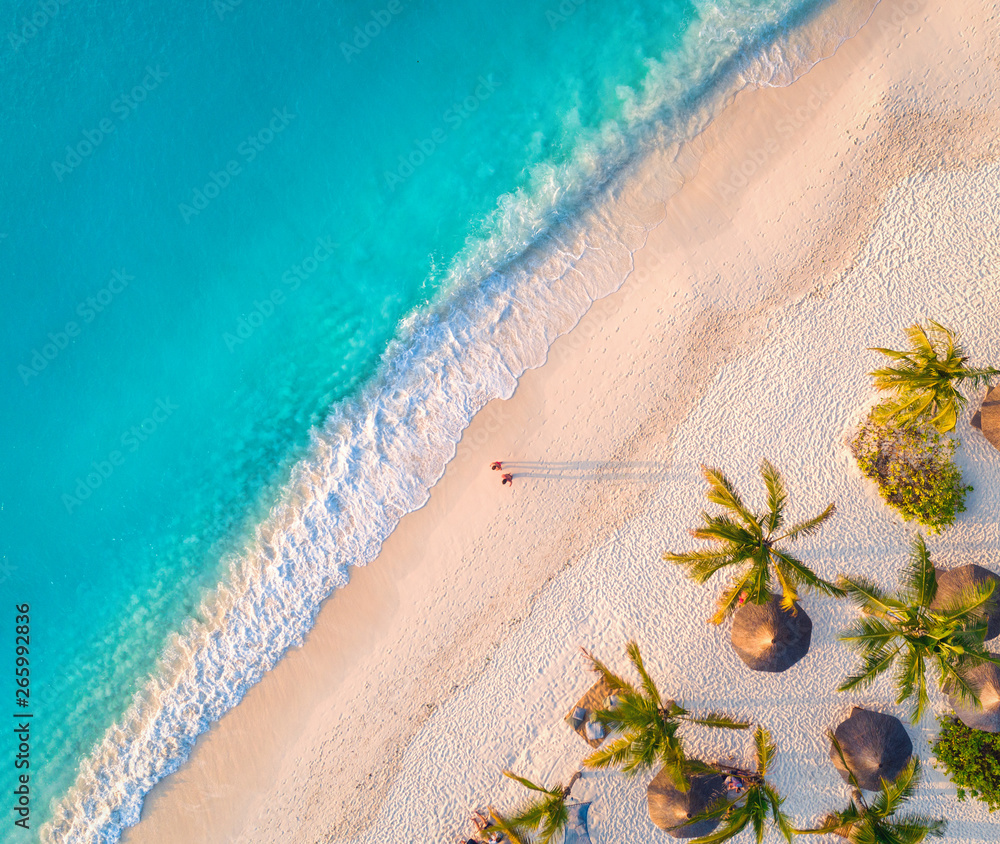 日落时印度洋沙滩上的雨伞和棕榈树鸟瞰图。非洲桑给巴尔的夏天
