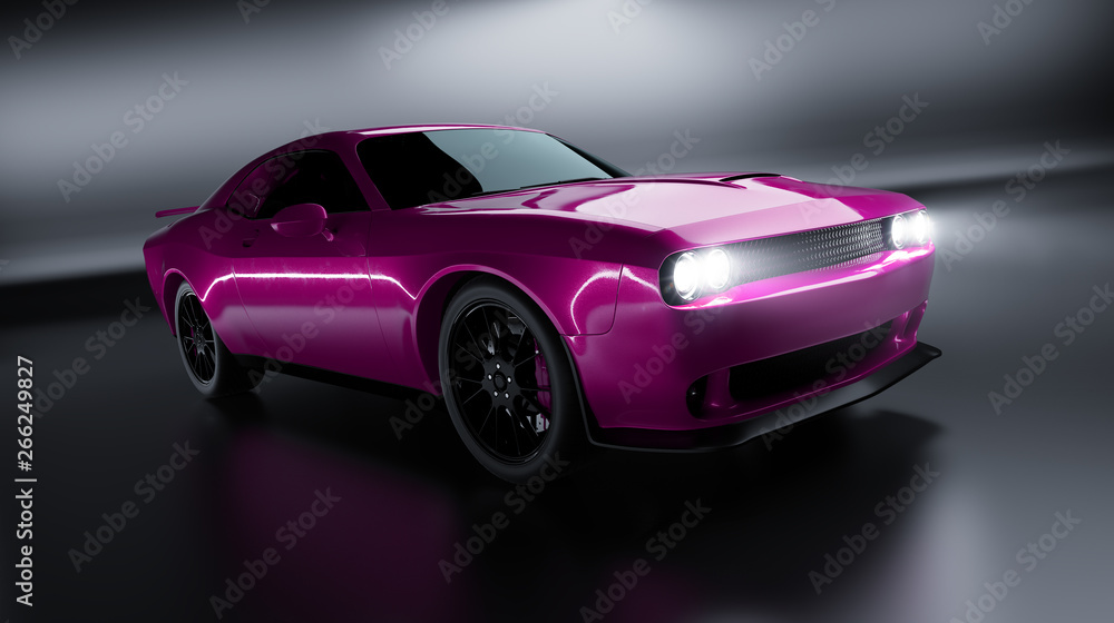 黑色背景下一辆普通粉色无品牌美国肌肉车的前角视图。Transportat