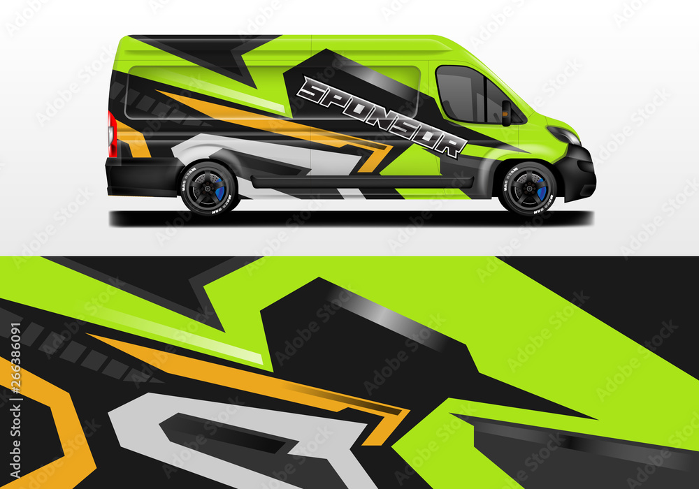 Van vector汽车包装，卡车，公交车，赛车，汽车服务。抽象图形背景图形