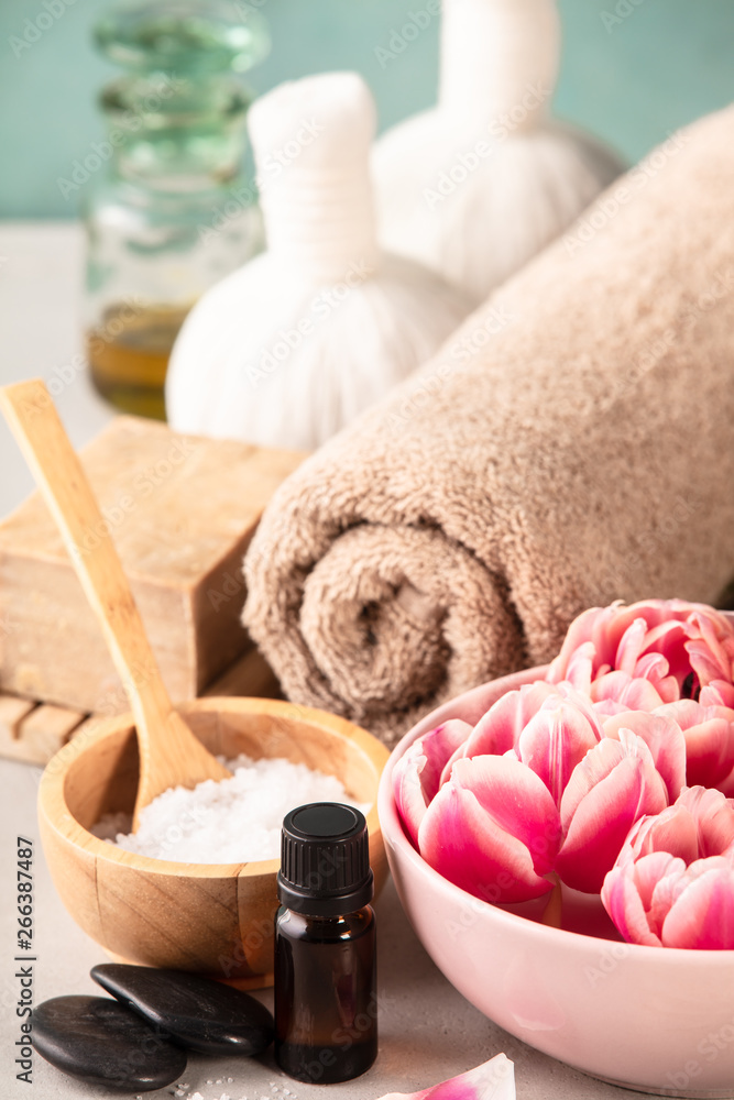 Accessories for spa procedures. Natural ingredients and flowers