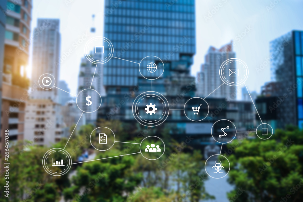 具有虚拟界面图形图标概念的智能城市数据管理平台