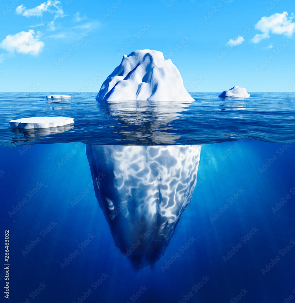 蓝色海洋中的南极冰山。危险和全球变暖概念。-三维渲染。-插图。