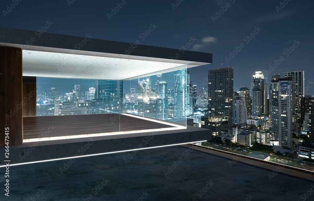 空的玻璃墙阳台，可以看到城市天际线。夜景。混合媒体。