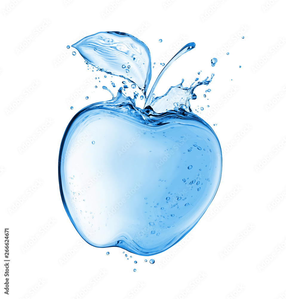 苹果的水滴是由飞溅物制成的。概念图隔离在白色背景上