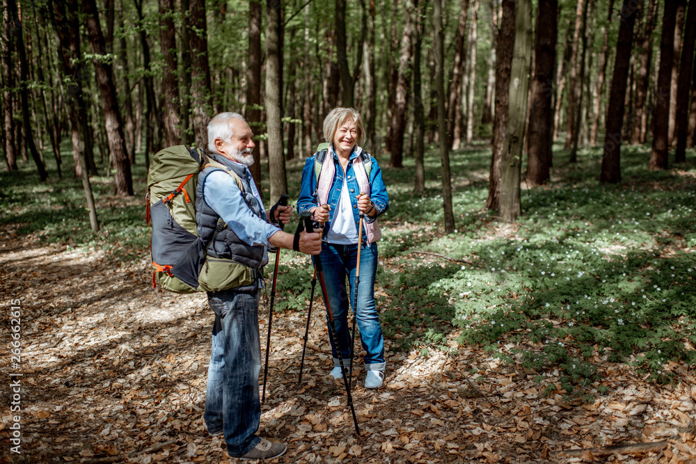 美丽的老年夫妇背着背包和徒步棒在森林里徒步旅行。主动l的概念