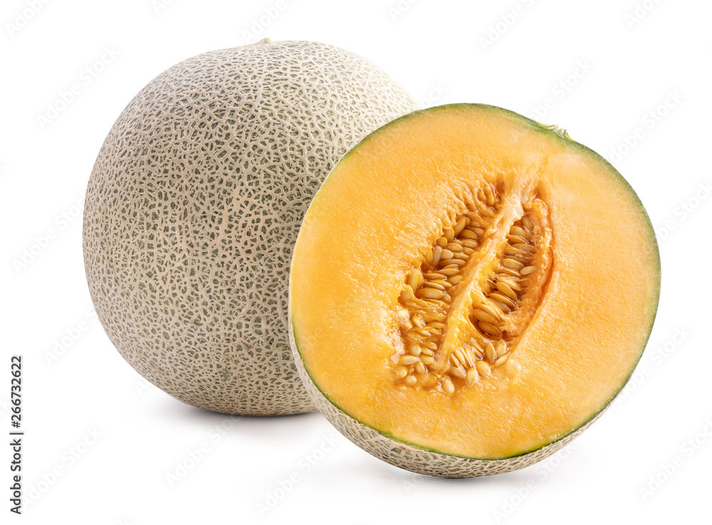 Beautiful tasty sliced juicy cantaloupe melon, muskmelon, rock melon isolated on white background, c