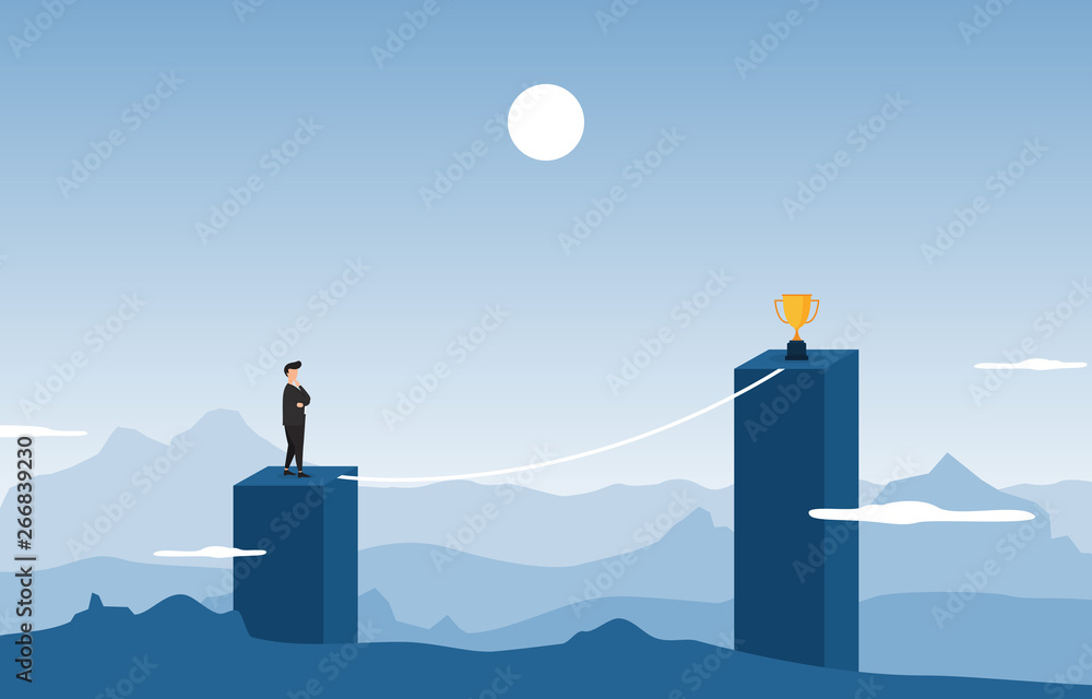 Businessman on Top of Building Thinking How to Reach Target with Obstacle Business Concept Illustrat