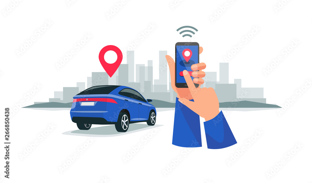 Vector illustration of autonomous wireless remote connected car sharing service controlled via smart
