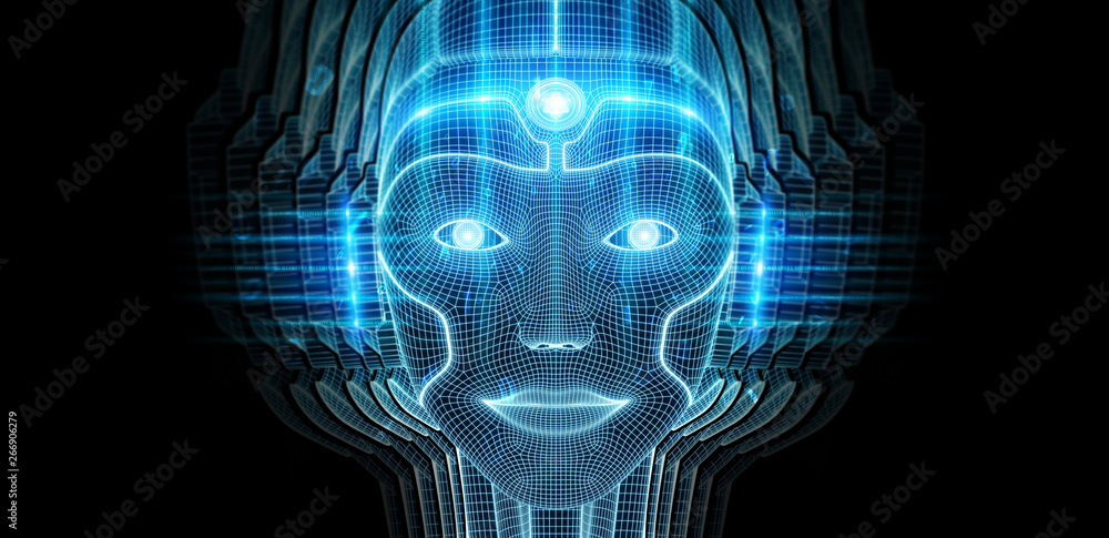 Robotic woman cyborg face representing artificial intelligence 3D rendering