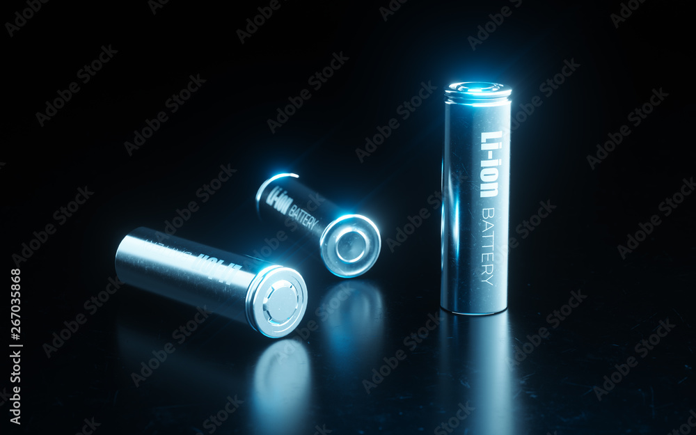 年电动汽车电池组中使用的现代金属锂离子电池的特写概念