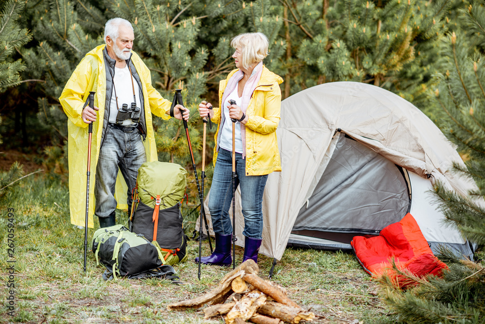 一对穿着黄色雨衣的老年夫妇在露营地，在年轻的松林里有帐篷和壁炉