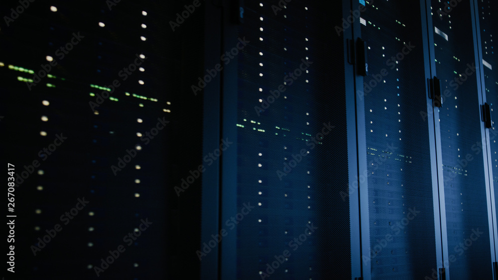 Close-Up Shot of Fully Operational Server Racks in Data Center. Modern Telecommunications, Cloud Com