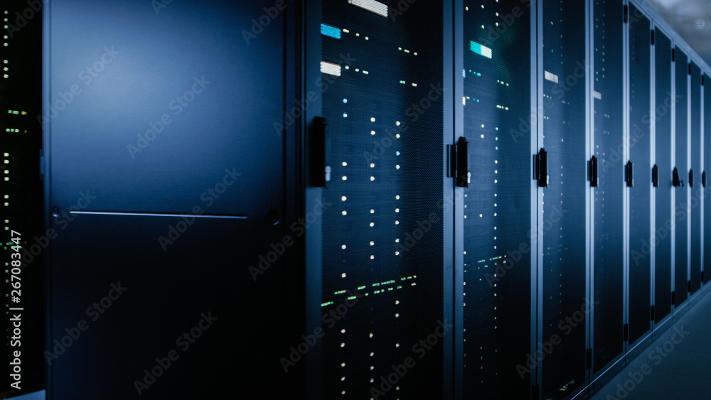 Shot of Data Center With Multiple Rows of Fully Operational Server Racks. Modern Telecommunications,