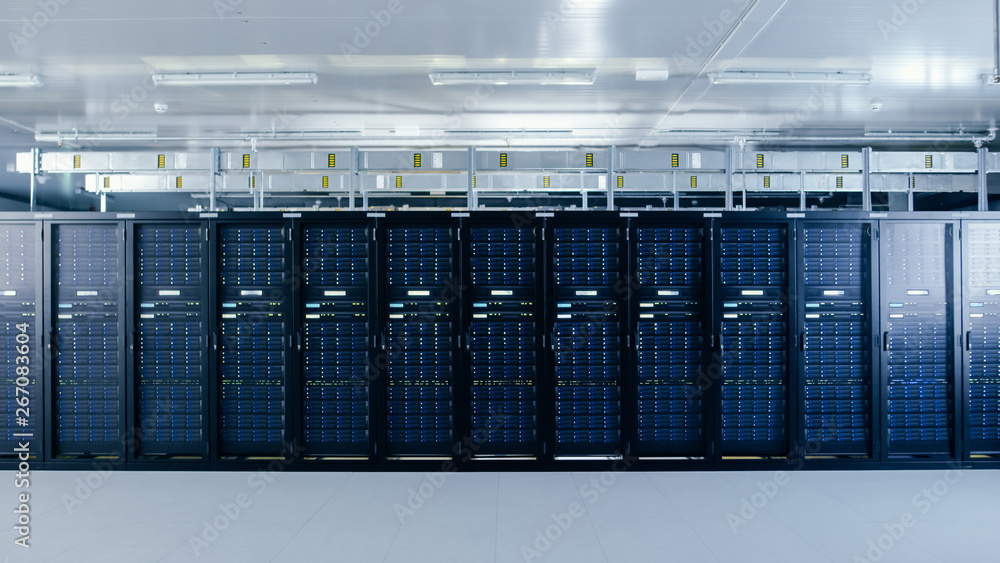 Shot of a Working Data Center With Rows of Rack Servers. Led Lights Blinking and Computers are Worki