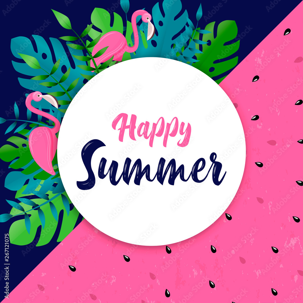 Happy Summer card of flamingo and tropical plant