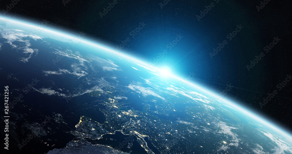 美国国家航空航天局提供的蓝色行星地球在太空中的3D渲染元素