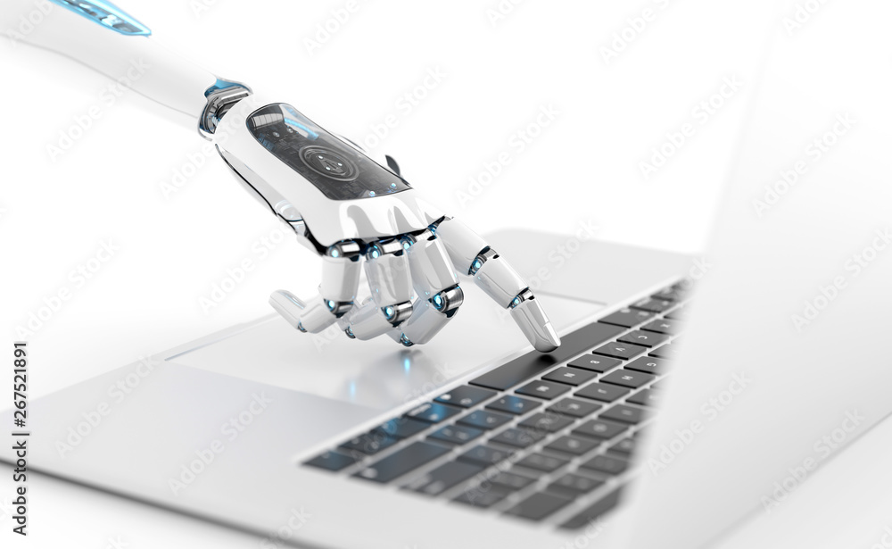 白色机器人半机械人在笔记本电脑上手动按下键盘3D渲染