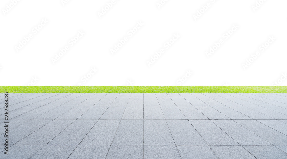 空的混凝土大理石地板，白色背景上有透视线和绿草隔离，通信