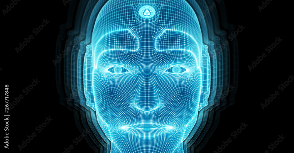 代表人工智能3D渲染的机器人人脸
