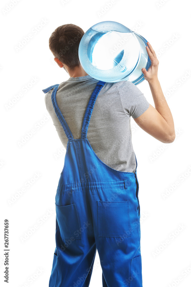 Delivery courier with bottle of water on white background, back view