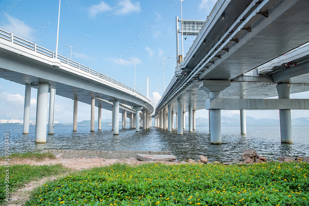 广东省深圳湾公路大桥桥墩结构桥梁施工，C