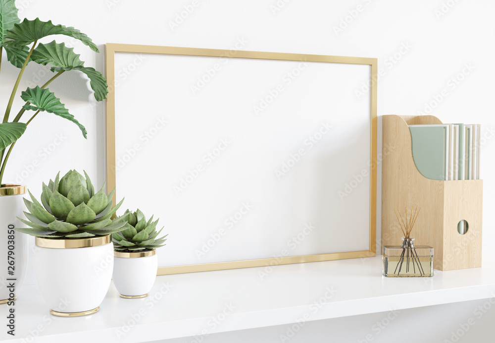金色框架靠在白色架子上，内部有植物和书籍模型3D渲染