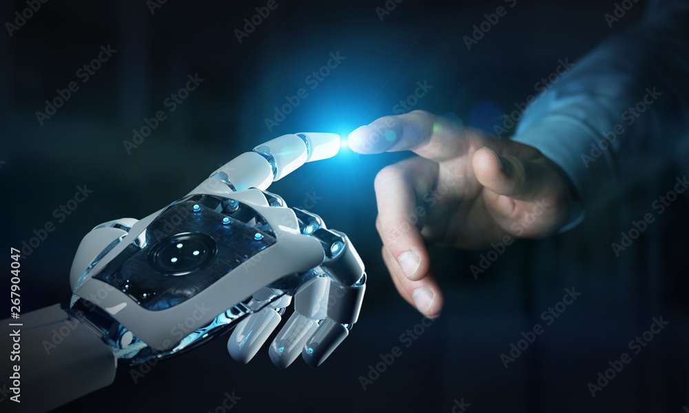 机器人手在黑暗背景下与人手接触3D渲染