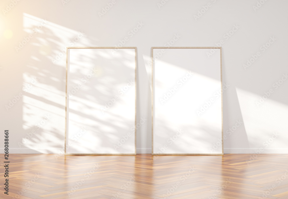 木框架倾斜在明亮的白色内部，带有木地板实体模型3D渲染