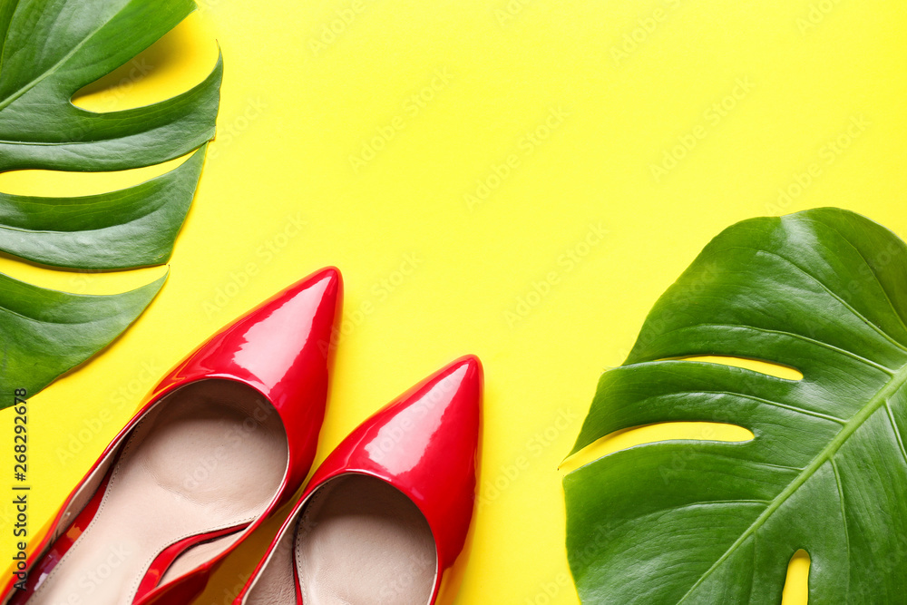 一双时尚女鞋和彩色背景的热带树叶