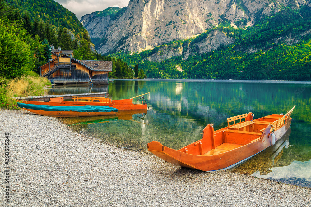 Popular holiday and recreational place with boats, Altaussee lake, Austria