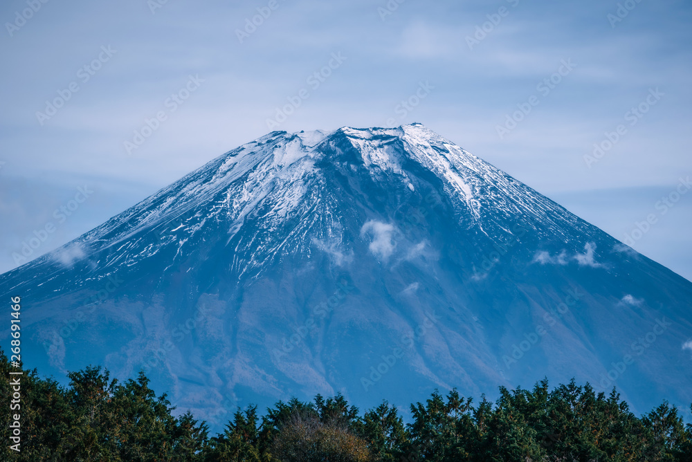 富士山，蓝天背景，秋天的树叶，白天在日本富士和谷町。