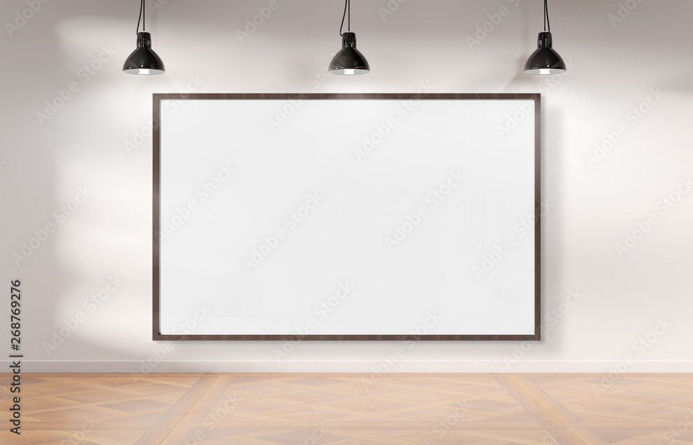 Frame hanging bright white museum with wooden floor mockup 3D rendering
